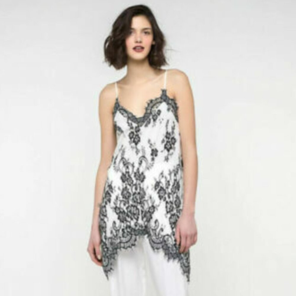 NWT Italian Designer Patrizia Pepe Camicia Black White Lace Tank Size 4 US IT 38